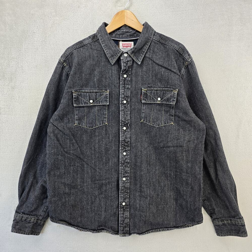 Levi's Black Denim Shirt Mens XL Black Plaid Lined Western Pearl Snap Selvedge